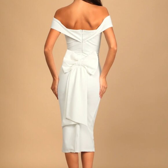 NWT LULUS Cordially Invited White Off-the-Shoulder Bow Back Midi Dress | Size XS - Picture 2 of 7